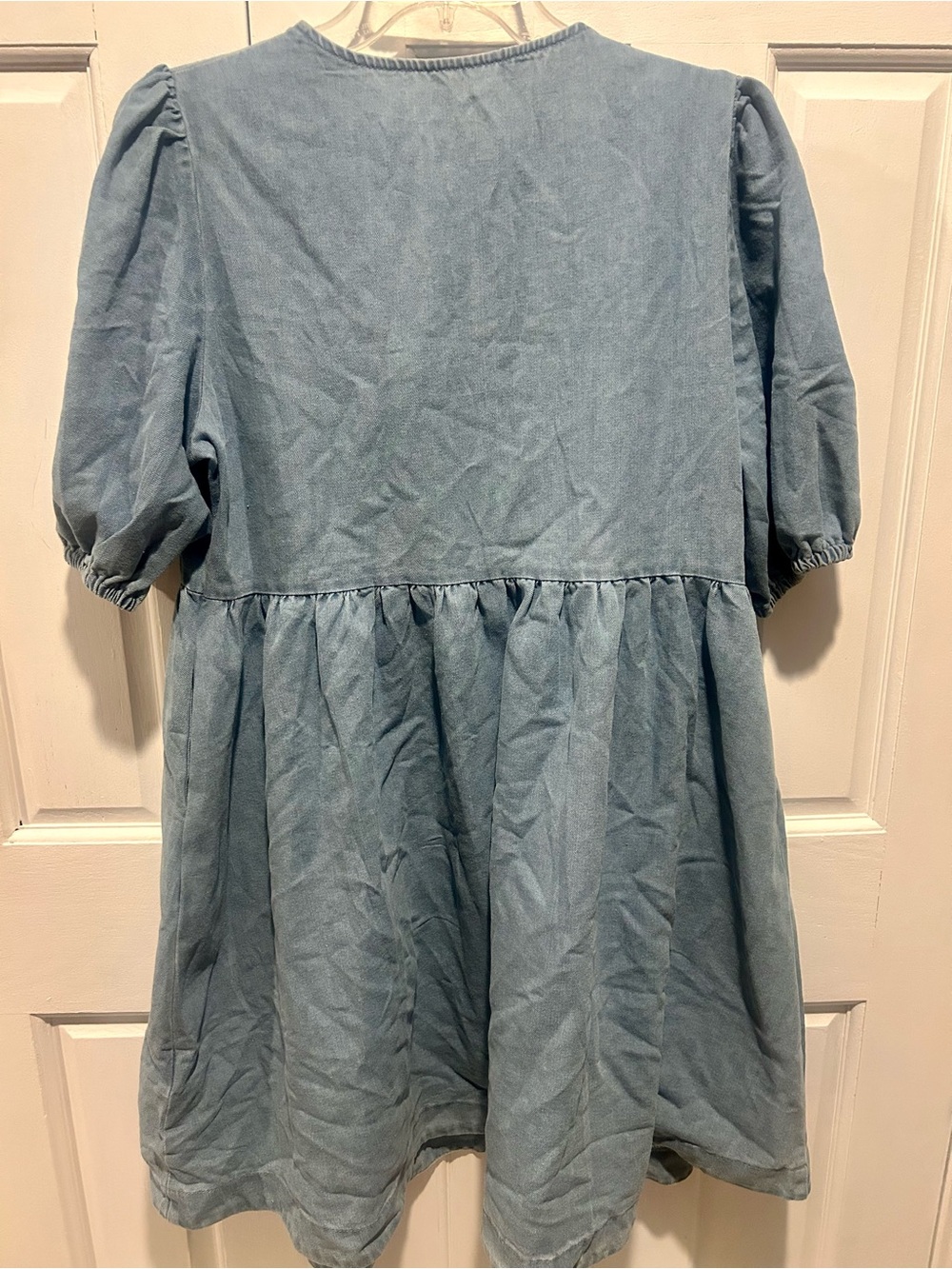 Light Blue Midi Puff-Sleeve Jean Dress for Women with back tie details